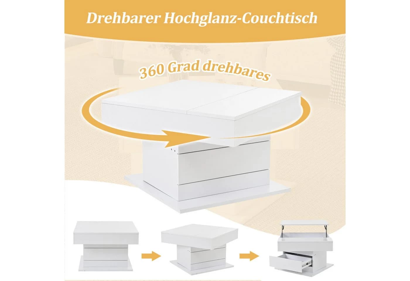 STILVORA Couchtisch mit Schublade, 360° drehbar, Hochglanz Weiß - Bild 4