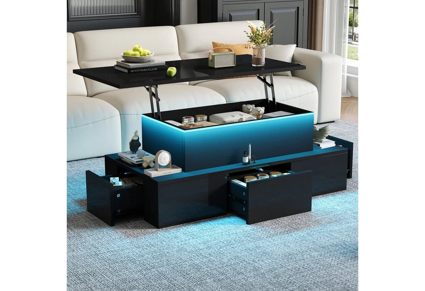 STILVORA Couchtisch Schwarz Liftfunktion LED 4 Schubladen - Bild 2