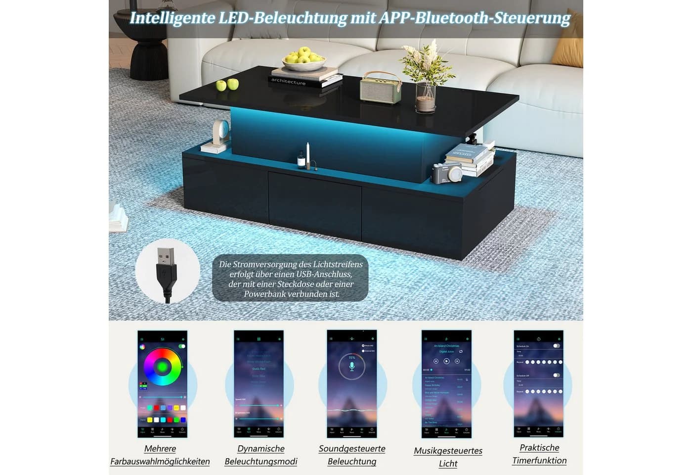 STILVORA Couchtisch Schwarz Liftfunktion LED 4 Schubladen - Bild 4