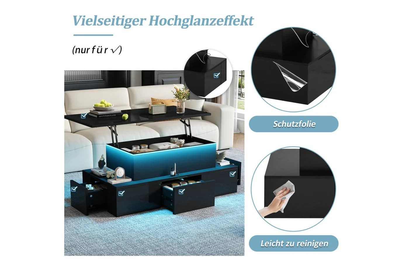 STILVORA Couchtisch Schwarz Liftfunktion LED 4 Schubladen - Bild 5