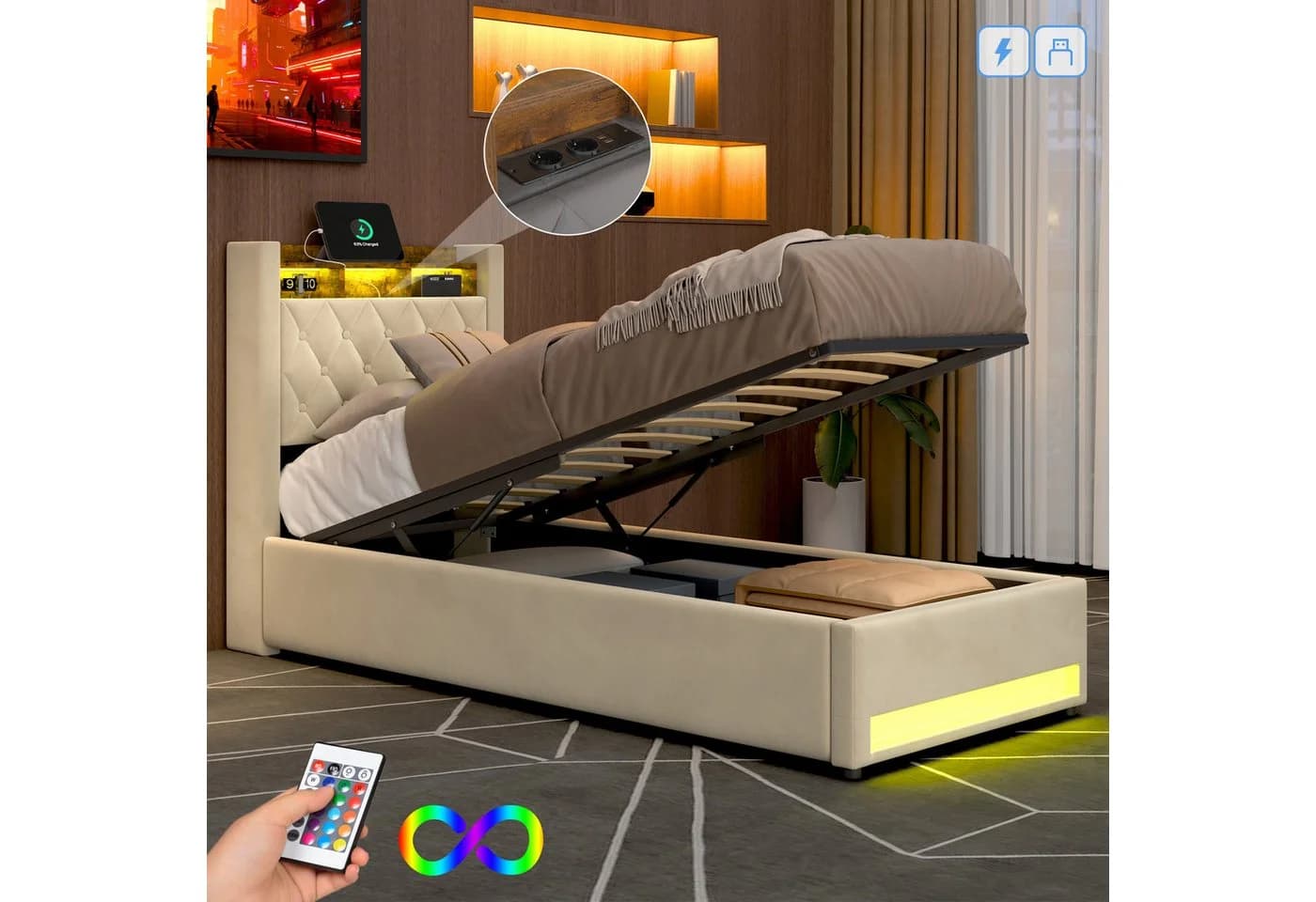 STILVORA Polsterbett mit Bettkasten, Stauraumbett Boxspringbett 90x200 mit USB & LED-Licht - Bild 2