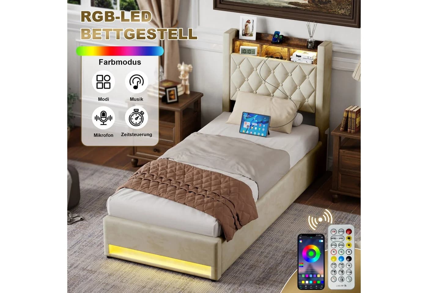 STILVORA Polsterbett mit Bettkasten, Stauraumbett Boxspringbett 90x200 mit USB & LED-Licht - Bild 4