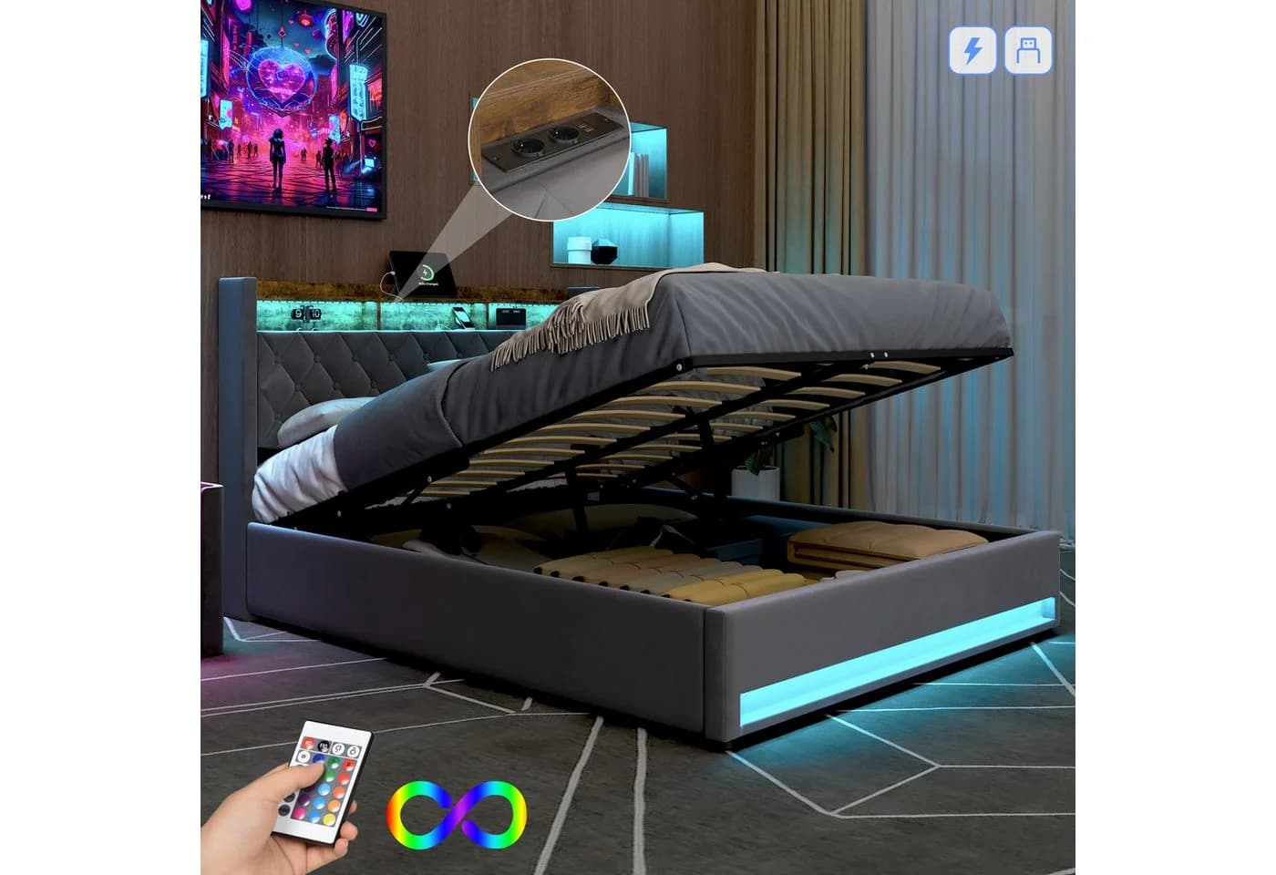 STILVORA Polsterbett mit Bettkasten 160x200 cm USB LED-Licht - Bild 2