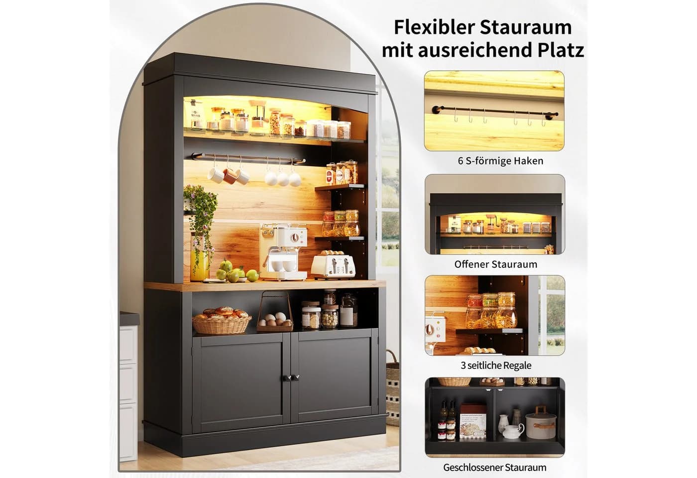 STILVORA Highboard Küchenschrank mit LED-Beleuchtung und Arbeitsplatte Schwarz - Bild 3
