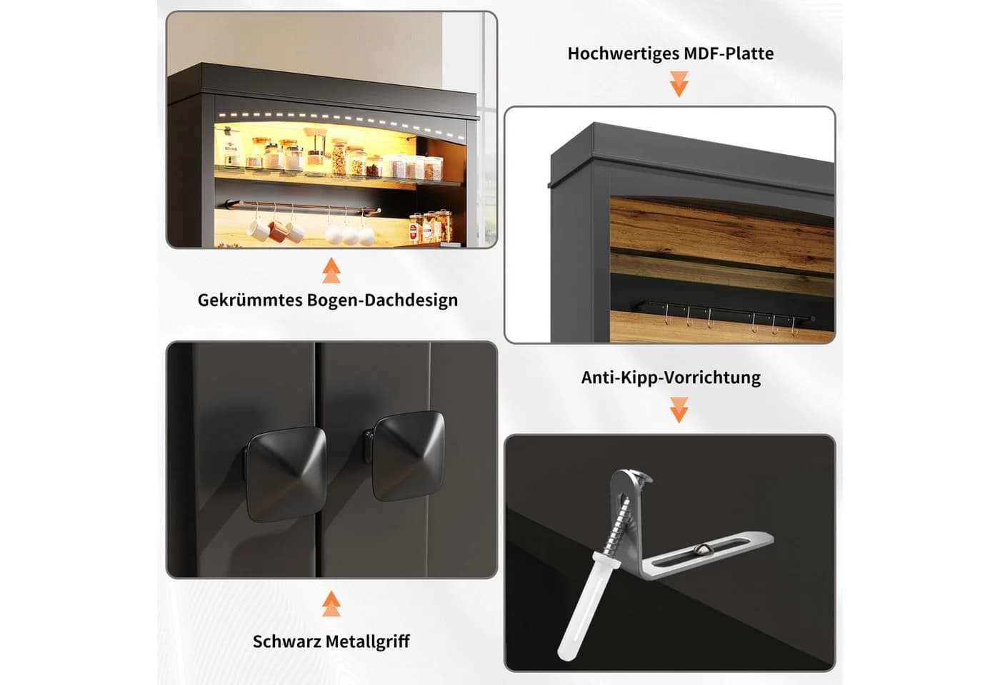 STILVORA Highboard Küchenschrank mit LED-Beleuchtung und Arbeitsplatte Schwarz - Bild 4