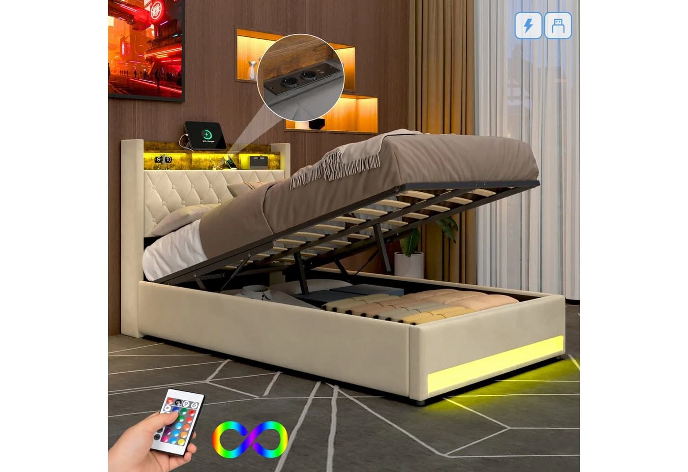 STILVORA Polsterbett mit Bettkasten 140x200 cm USB & LED-Licht - Bild 2