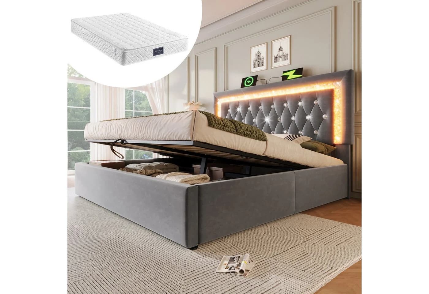 STILVORA Polsterbett Grau mit LED, USB & Bettkasten - Bild 2