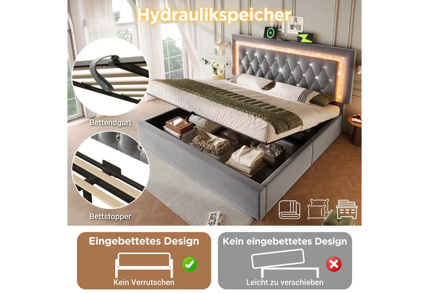 STILVORA Polsterbett Grau mit LED, USB & Bettkasten - Bild 4
