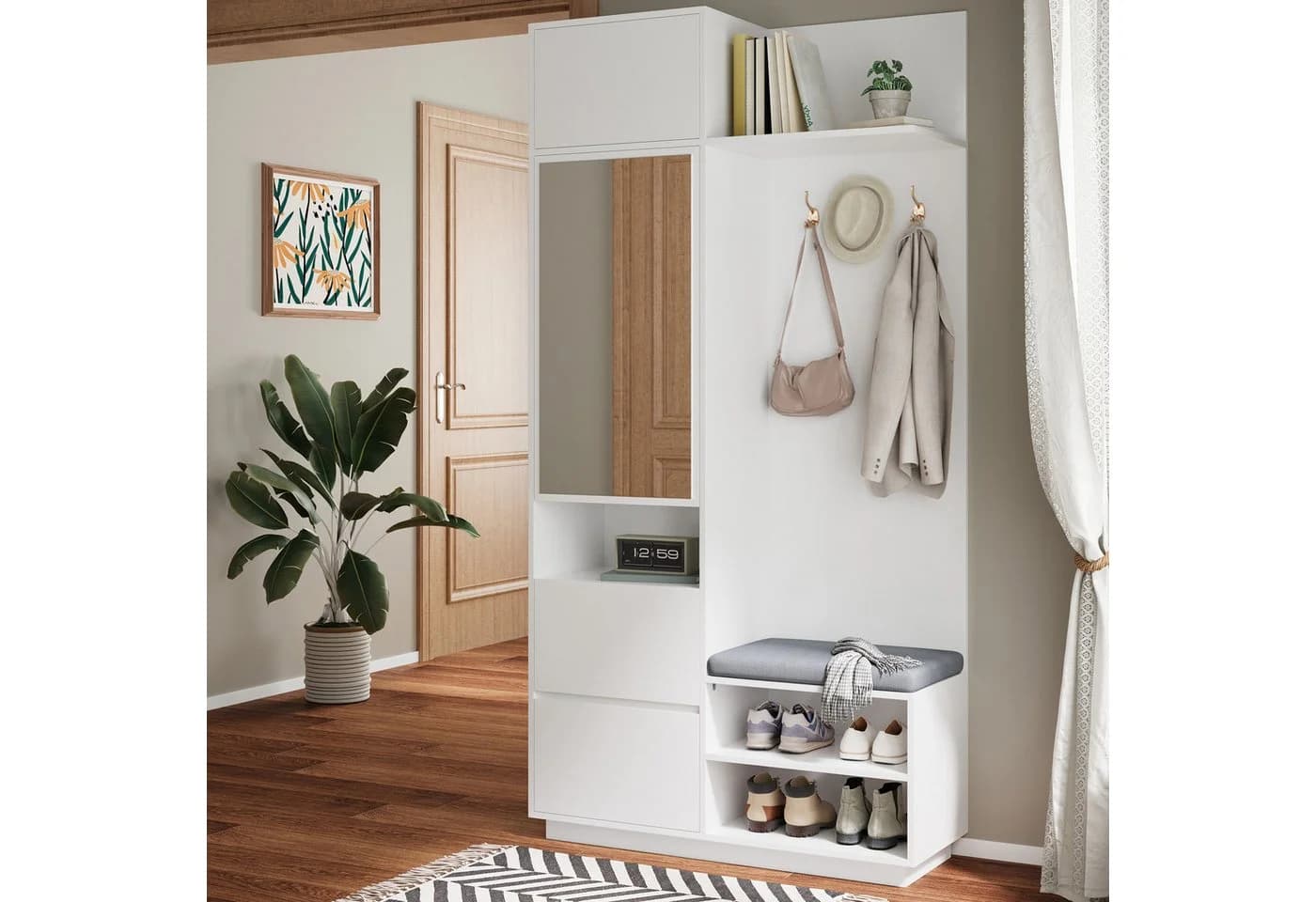 STILVORA Garderoben-Set mit Kleiderhaken, Spiegelschrank und Sitzbank Weiß