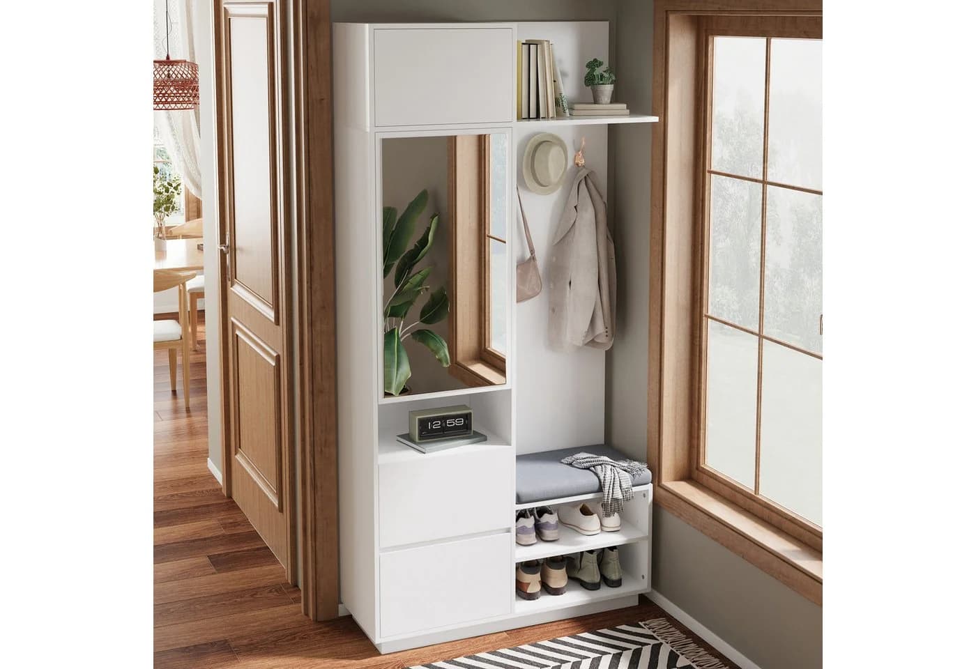 STILVORA Garderoben-Set mit Kleiderhaken, Spiegelschrank und Sitzbank Weiß - Bild 2