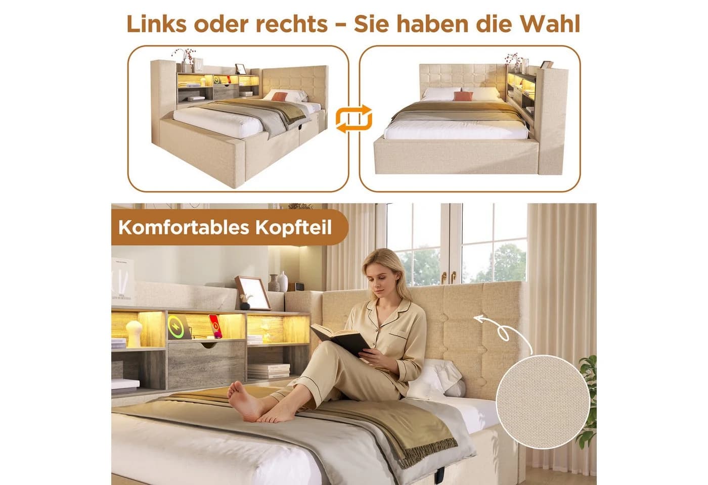 STILVORA Polsterbett Beige mit LED-Kopfteil, USB-Anschluss & Bettkasten - Bild 5