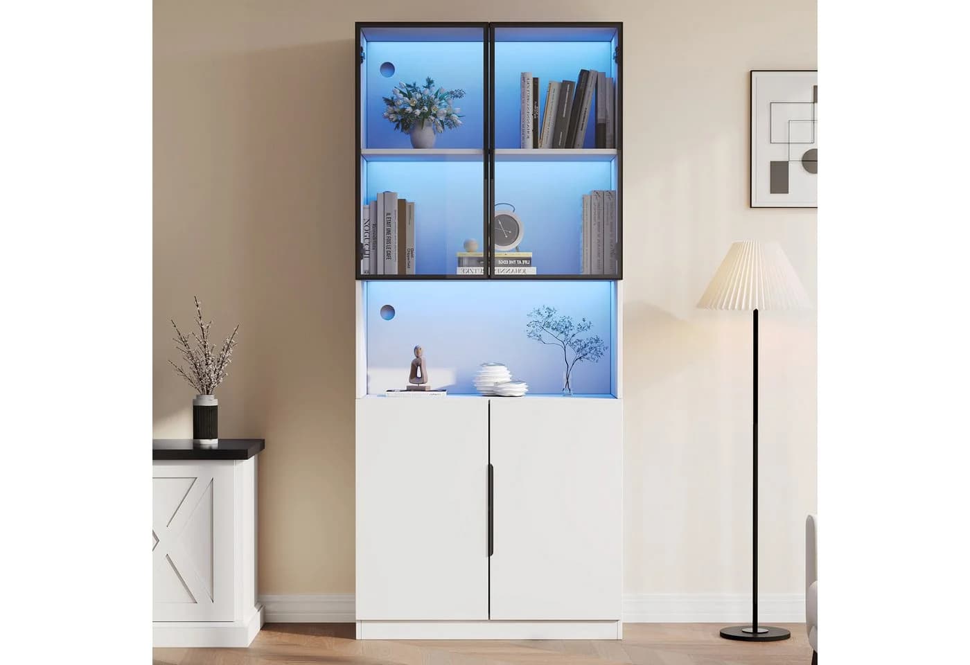 STILVORA Vitrine mit LED-Beleuchtung Hochschrank Glastüren Weiß