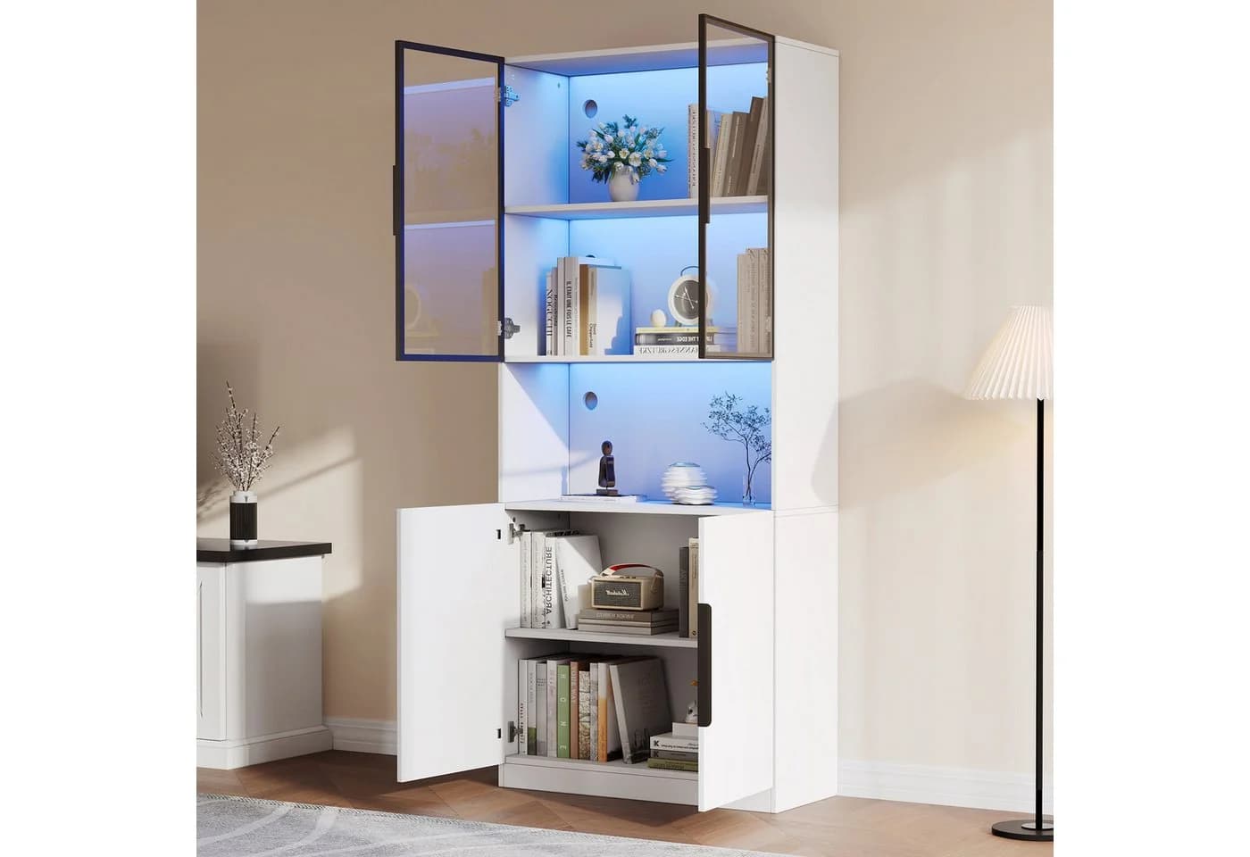 STILVORA Vitrine mit LED-Beleuchtung Hochschrank Glastüren Weiß - Bild 2