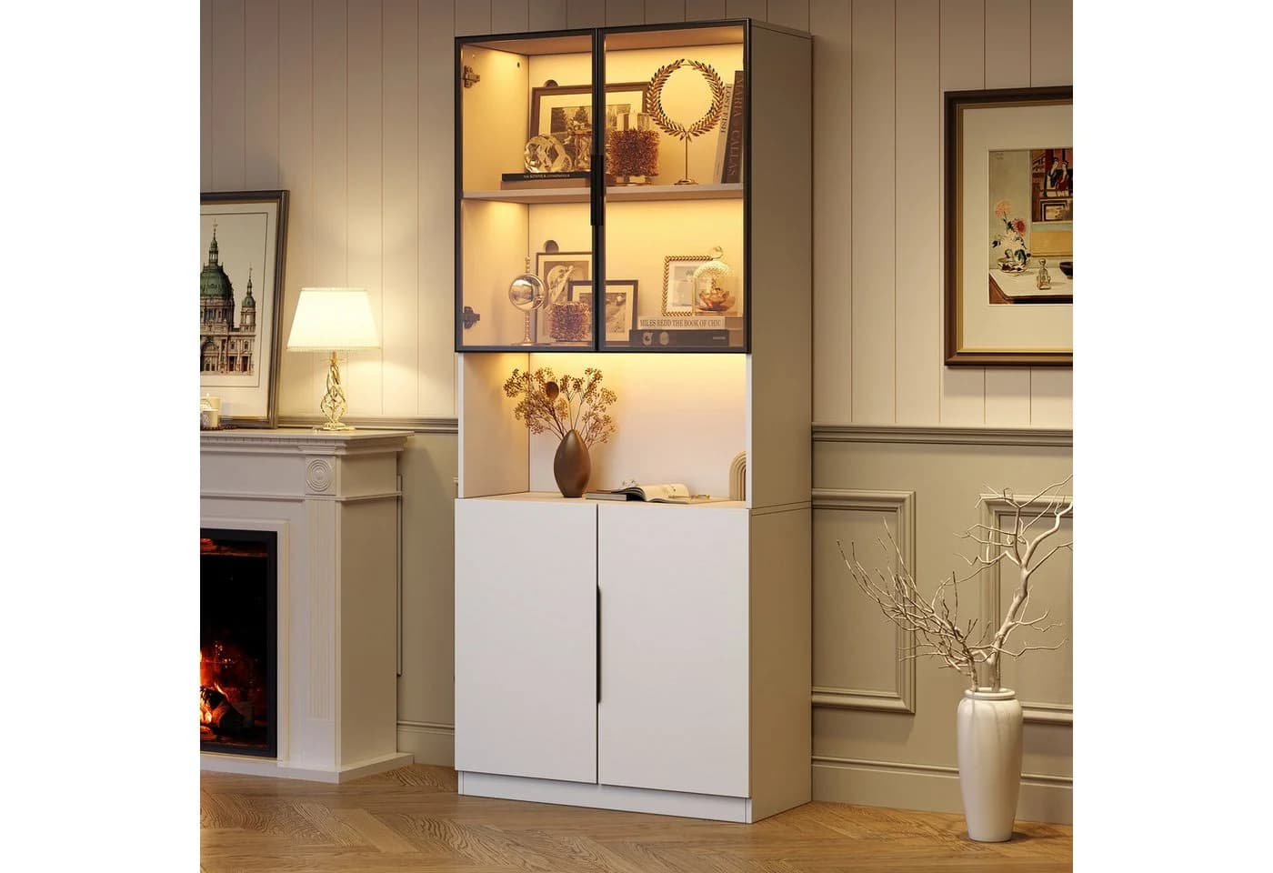 STILVORA Vitrine mit LED-Beleuchtung Hochschrank Glastüren Weiß - Bild 3