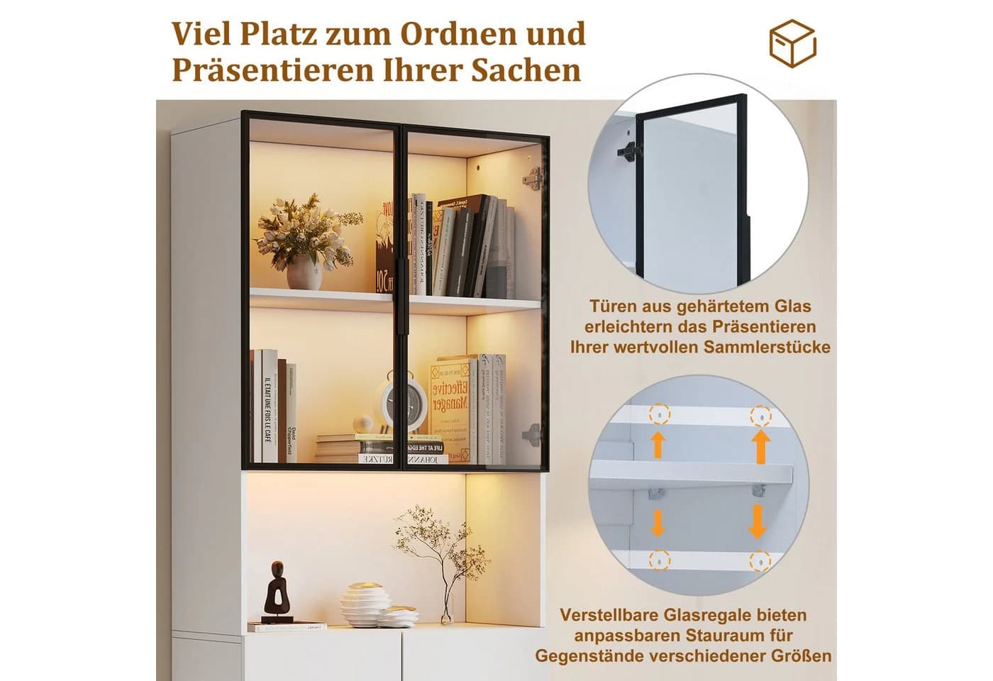 STILVORA Vitrine mit LED-Beleuchtung Hochschrank Glastüren Weiß - Bild 4