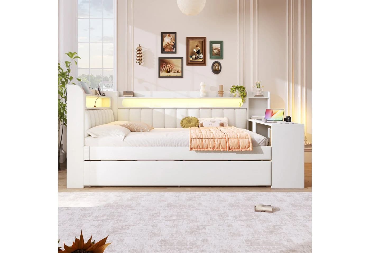 STILVORA Polsterbett 140x200 mit LED, USB, Ausziehbett & Schreibtisch Weiß