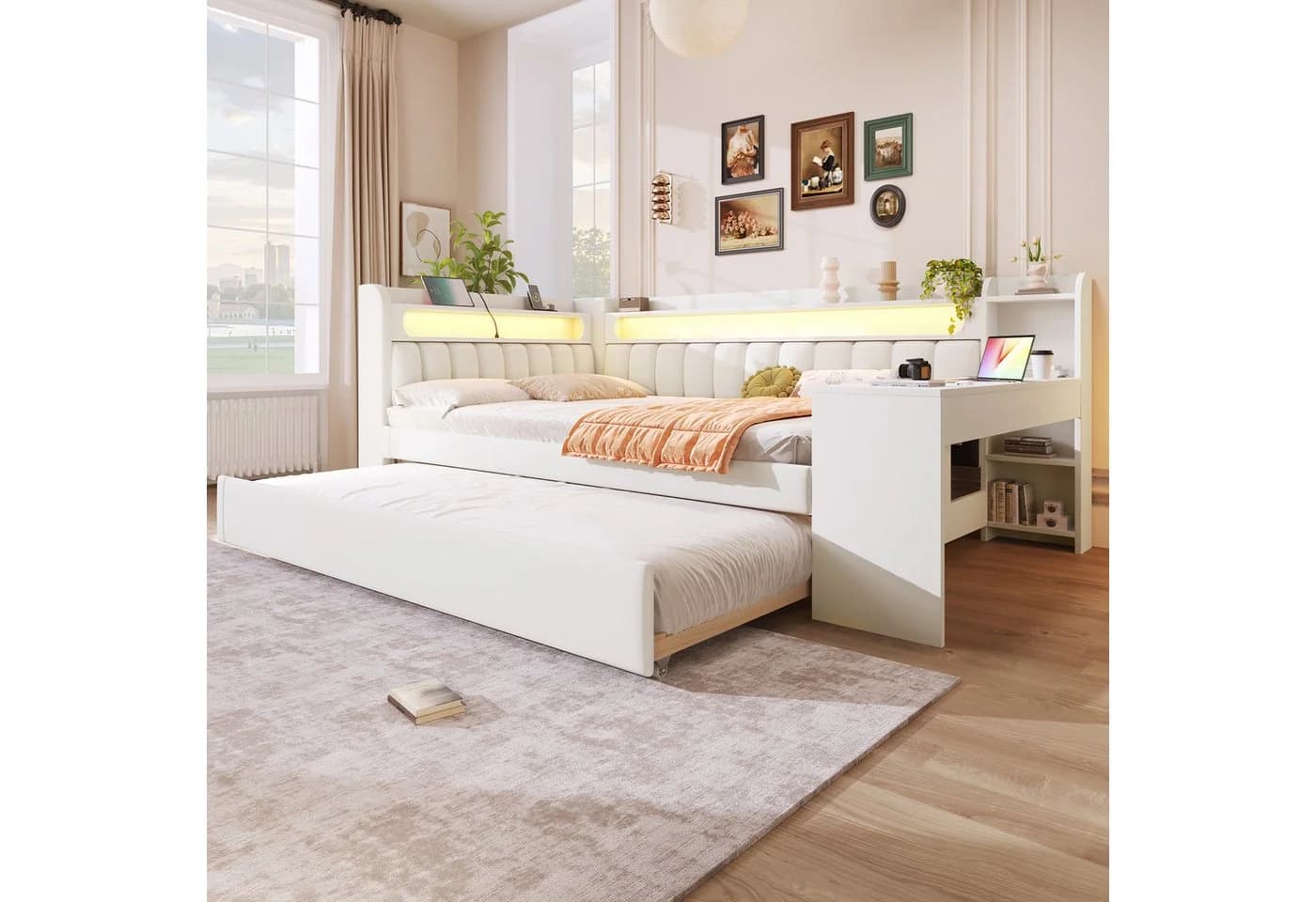 STILVORA Polsterbett 140x200 mit LED, USB, Ausziehbett & Schreibtisch Weiß - Bild 2