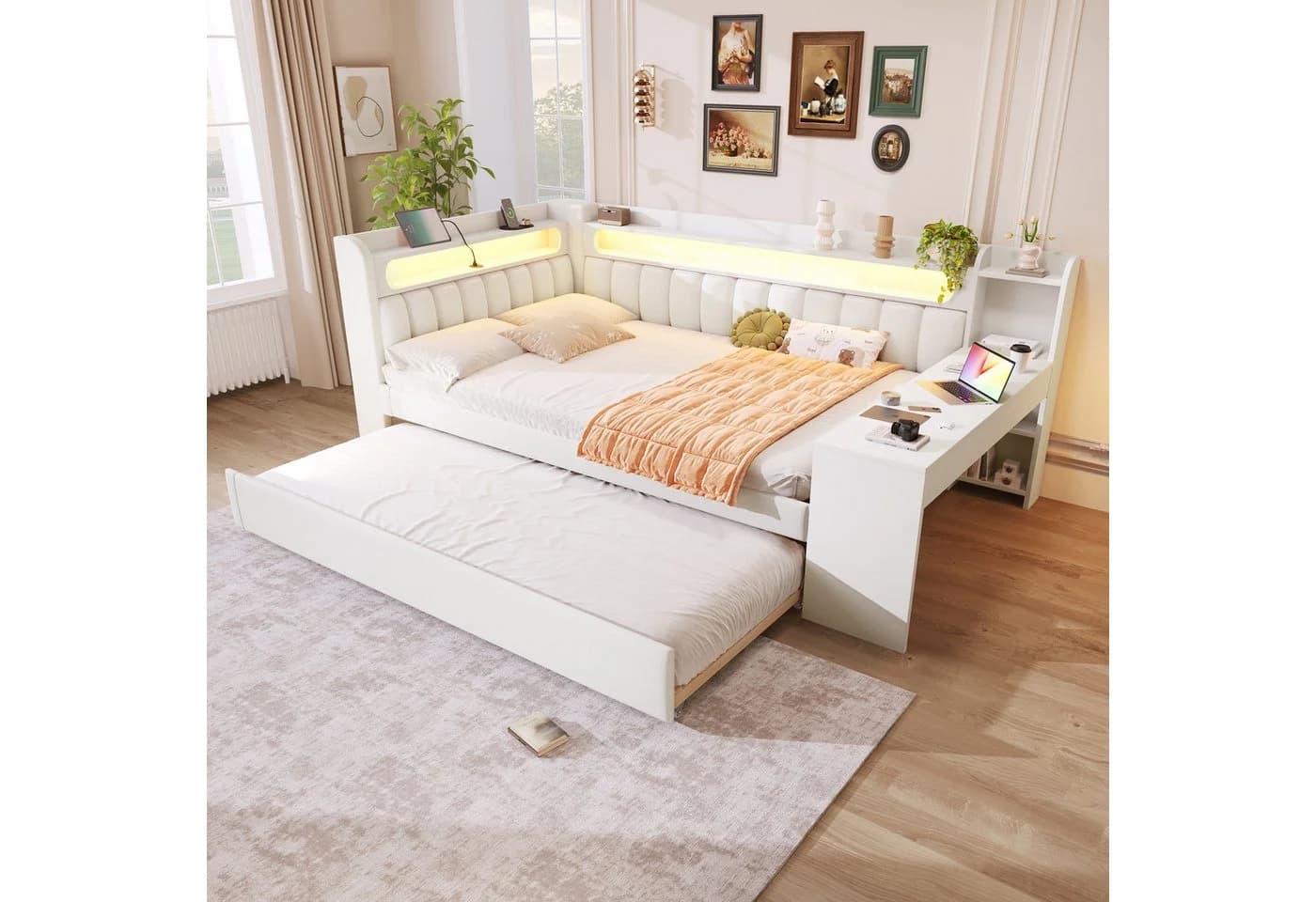 STILVORA Polsterbett 140x200 mit LED, USB, Ausziehbett & Schreibtisch Weiß - Bild 3