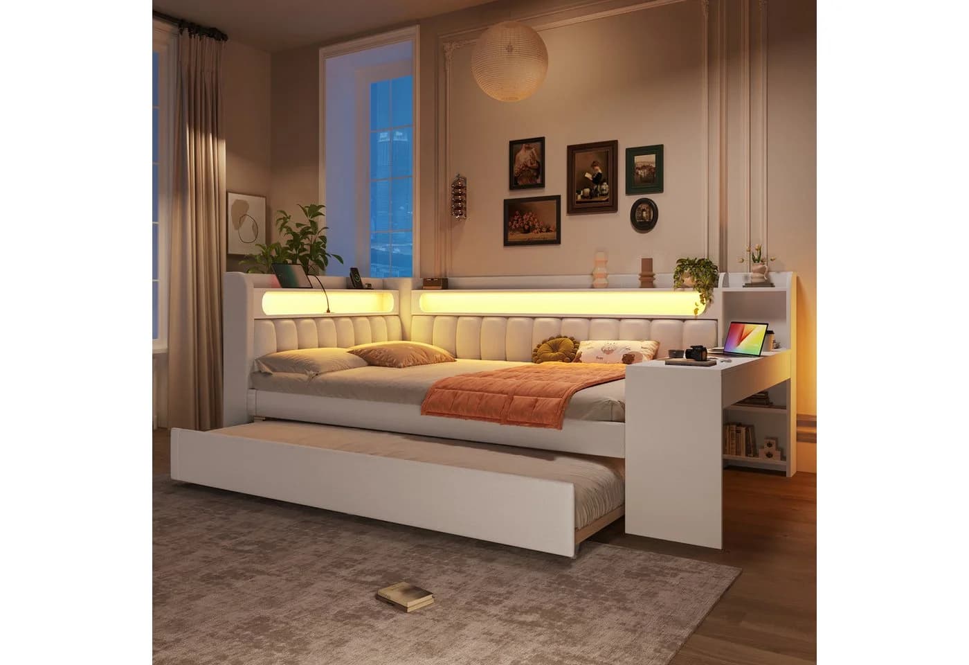 STILVORA Polsterbett 140x200 mit LED, USB, Ausziehbett & Schreibtisch Weiß - Bild 4