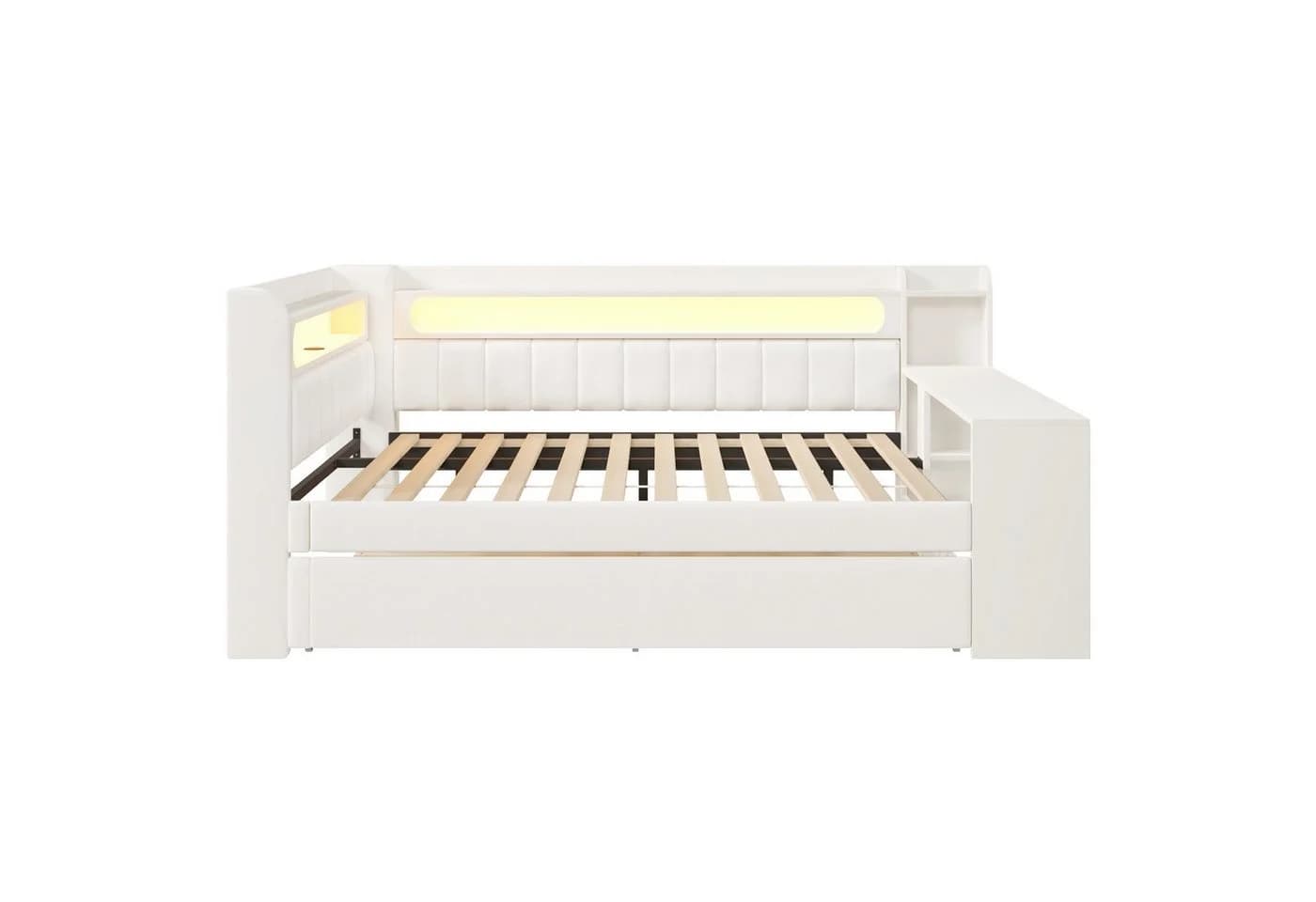 STILVORA Polsterbett 140x200 mit LED, USB, Ausziehbett & Schreibtisch Weiß - Bild 5