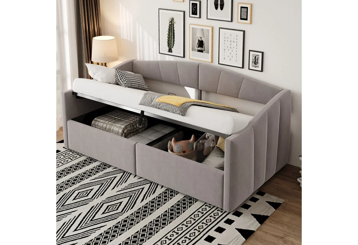 STILVORA Schlafsofa mit Bettkasten und Lattenrost Grau Samt - Bild 2