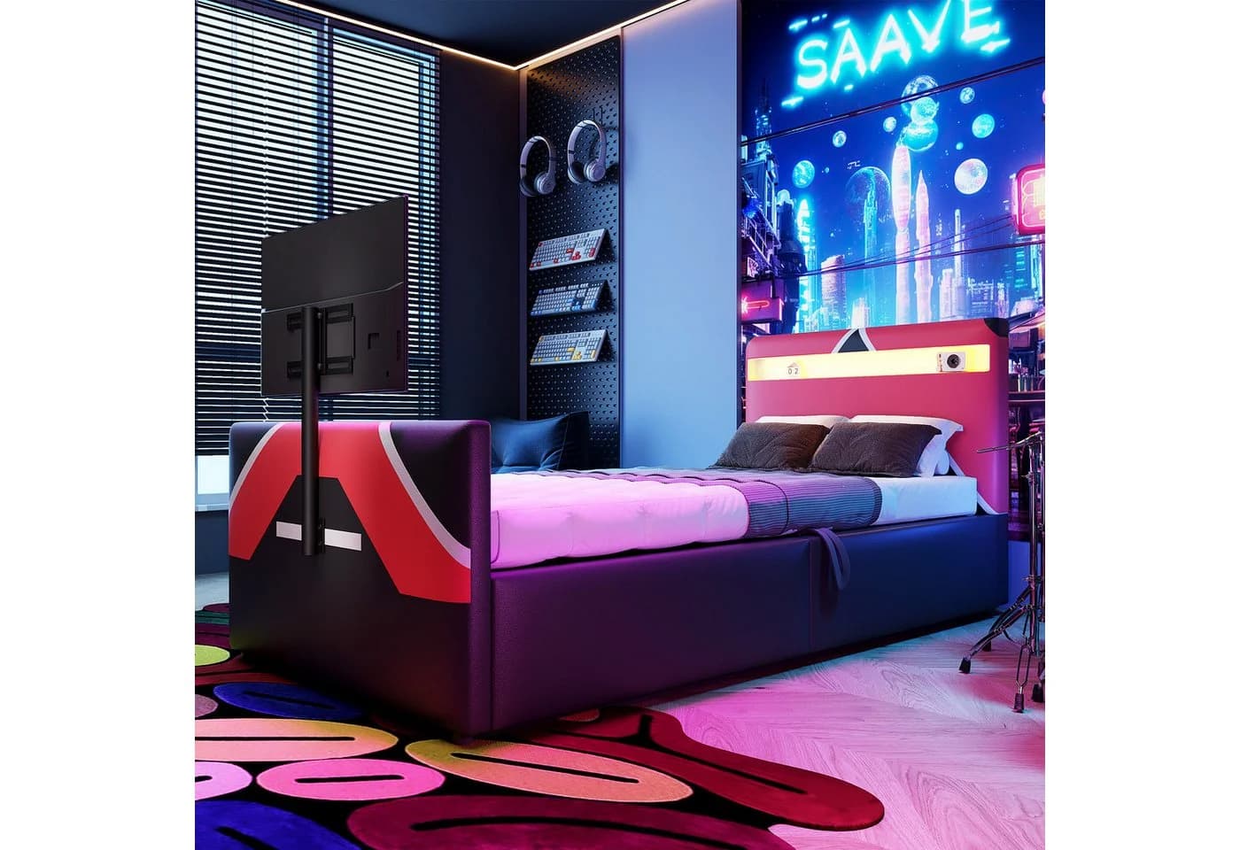 STILVORA Polsterbett 90x200 mit LED-Beleuchtung und TV-Halterung