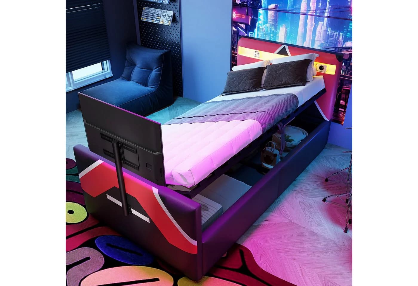 STILVORA Polsterbett 90x200 mit LED-Beleuchtung und TV-Halterung - Bild 2