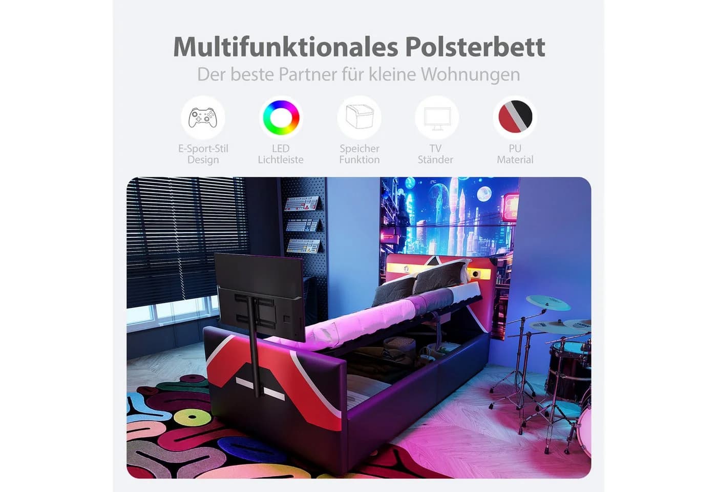 STILVORA Polsterbett 90x200 mit LED-Beleuchtung und TV-Halterung - Bild 5