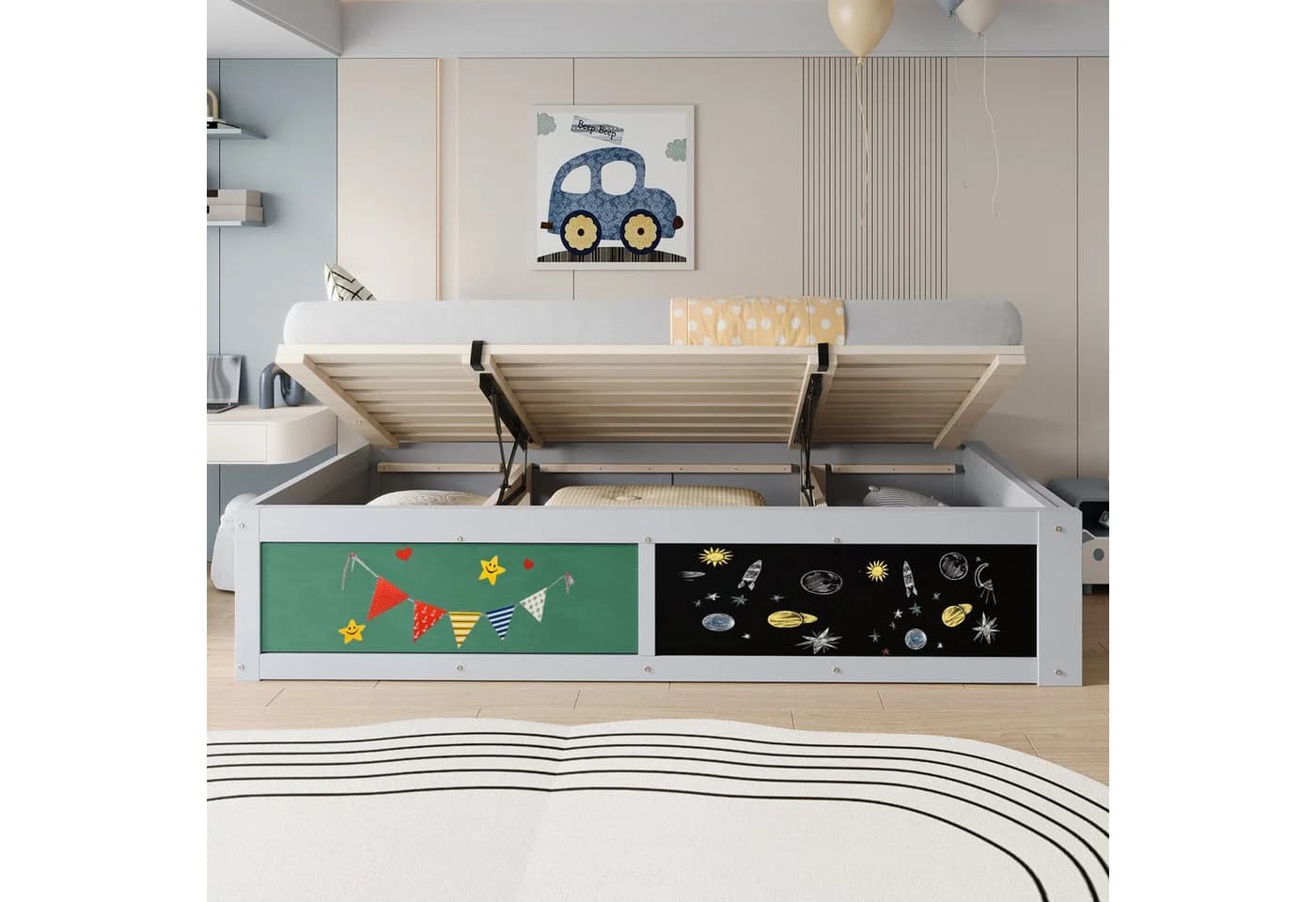 STILVORA Kinderbett 90x200 mit Stauraum und Schreibtisch grau/weiß