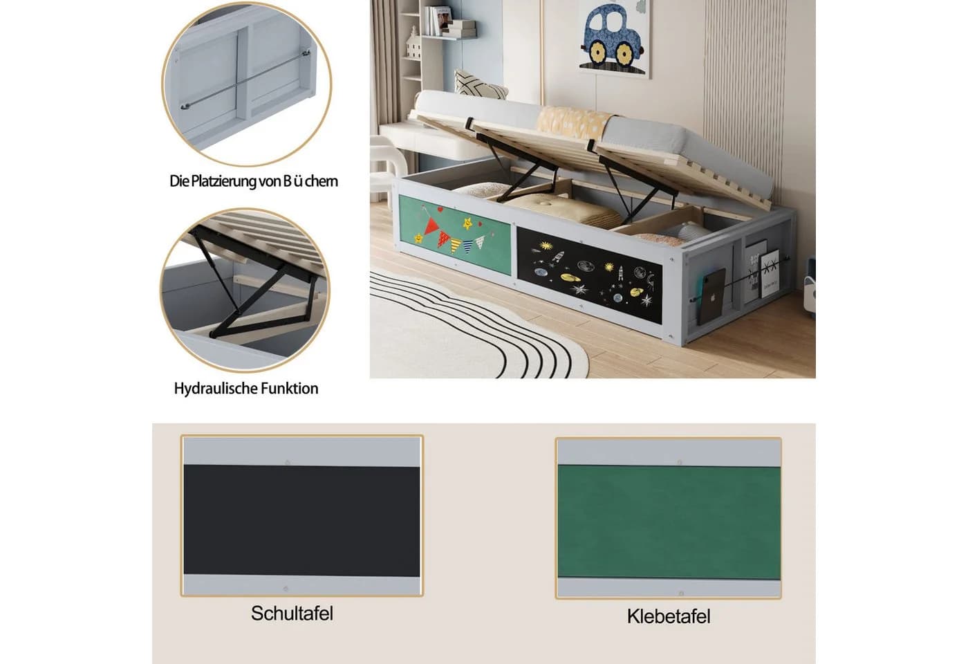 STILVORA Kinderbett 90x200 mit Stauraum und Schreibtisch grau/weiß - Bild 3