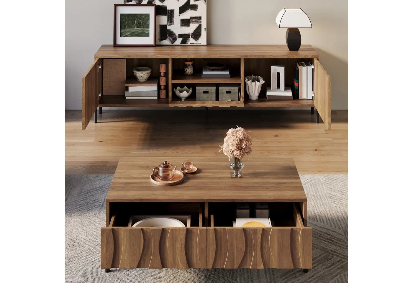 STILVORA Wohnzimmer-Set Couchtisch & TV-Ständer Wellenmuster Holzoptik