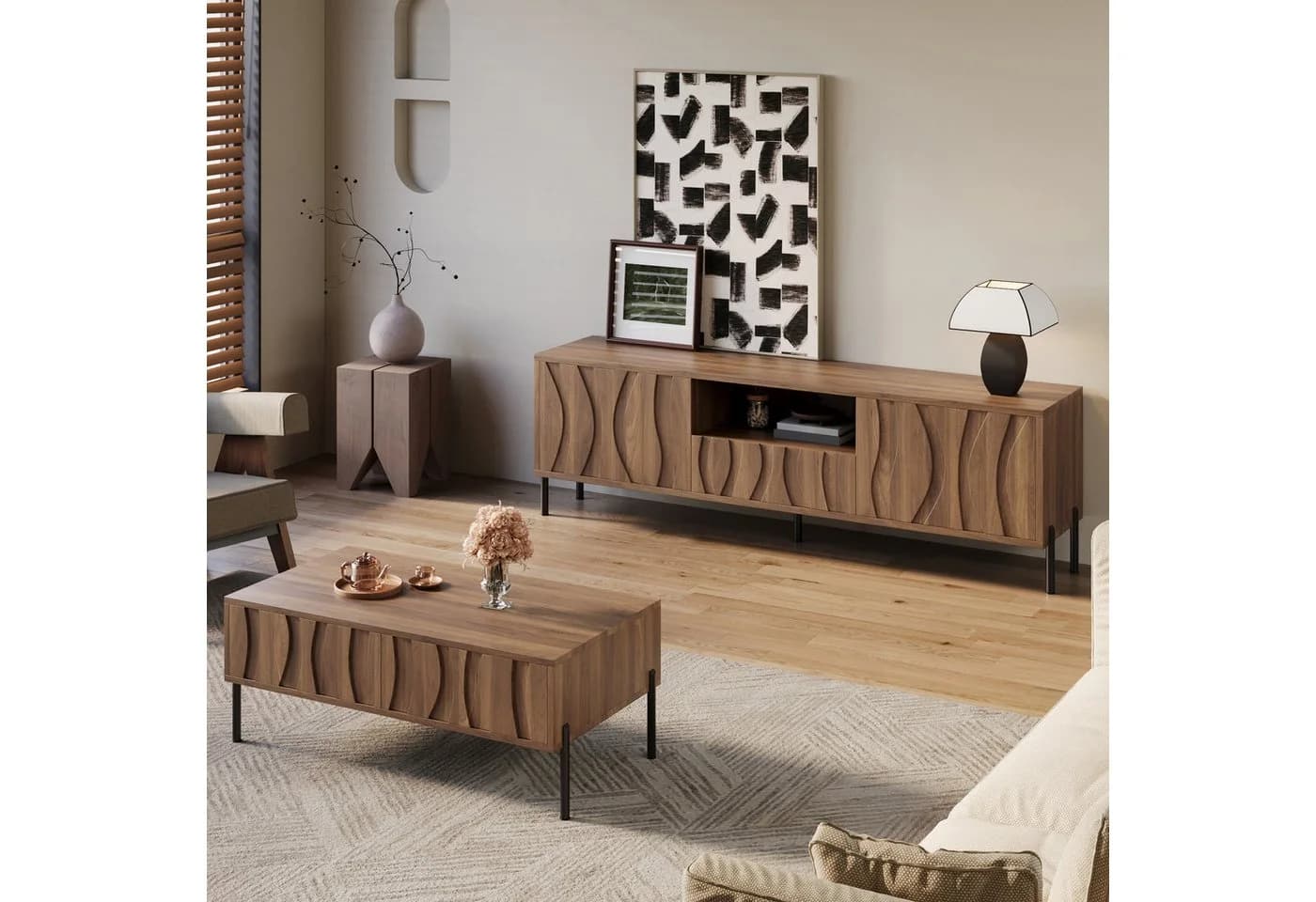 STILVORA Wohnzimmer-Set Couchtisch & TV-Ständer Wellenmuster Holzoptik - Bild 2