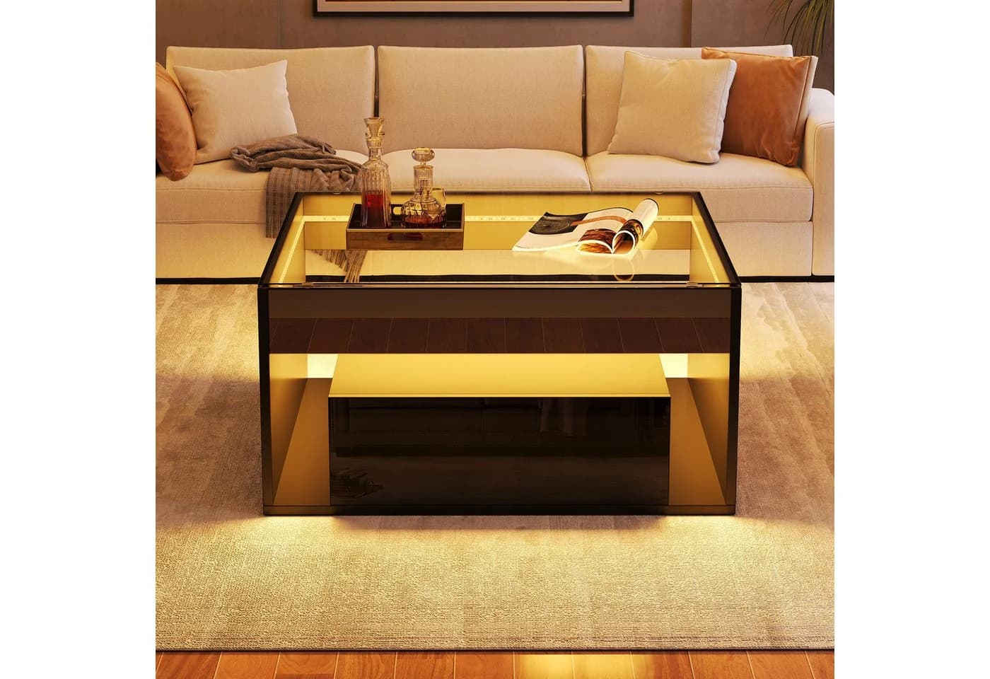 STILVORA Couchtisch Schwarz LED mit Stauraum Hochglanz