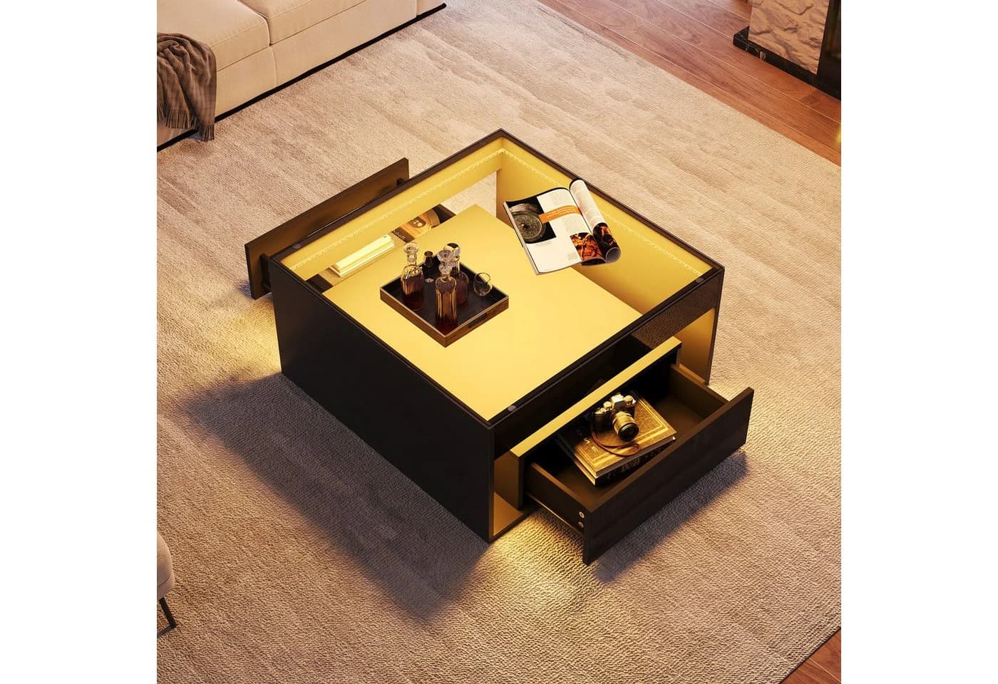 STILVORA Couchtisch Schwarz LED mit Stauraum Hochglanz - Bild 2