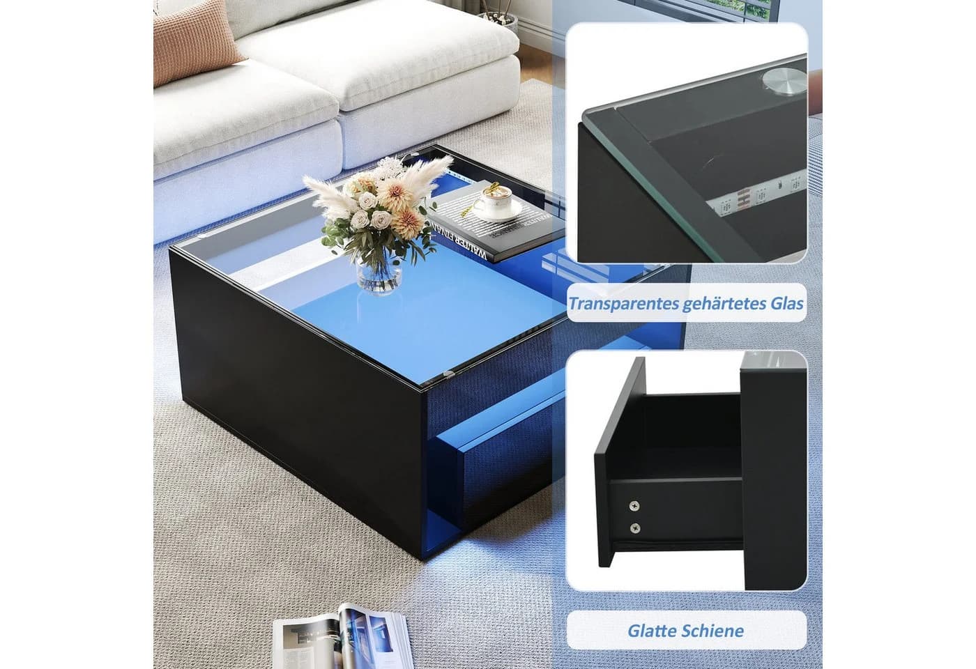 STILVORA Couchtisch Schwarz LED mit Stauraum Hochglanz - Bild 4
