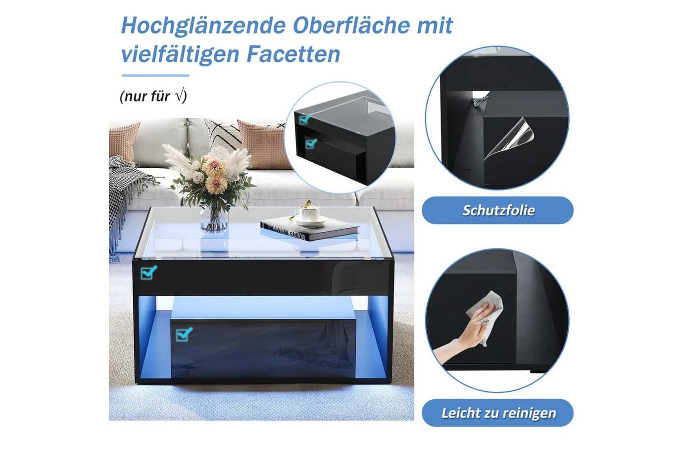 STILVORA Couchtisch Schwarz LED mit Stauraum Hochglanz - Bild 5