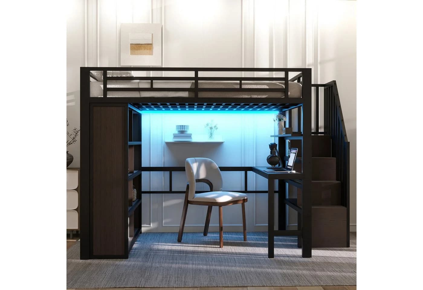 STILVORA Hochbett 140x200 mit Schreibtisch und LED-Licht Schwarz/Weiß - Bild 1