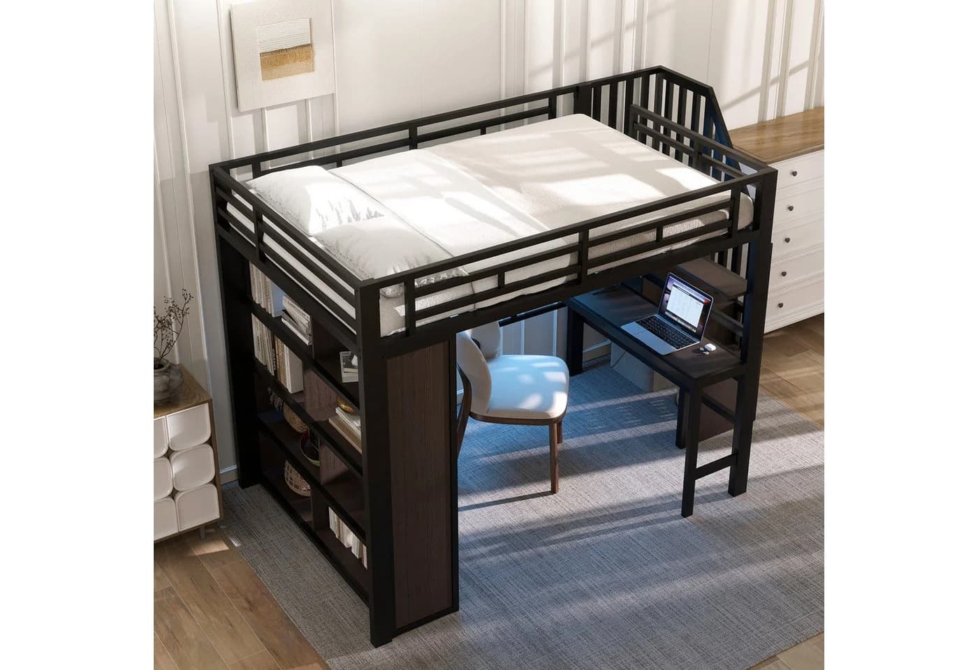 STILVORA Hochbett 140x200 mit Schreibtisch und LED-Licht Schwarz/Weiß - Bild 2