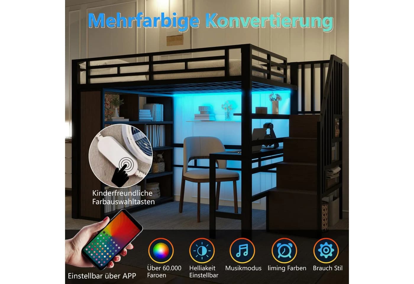 STILVORA Hochbett 140x200 mit Schreibtisch und LED-Licht Schwarz/Weiß - Bild 4