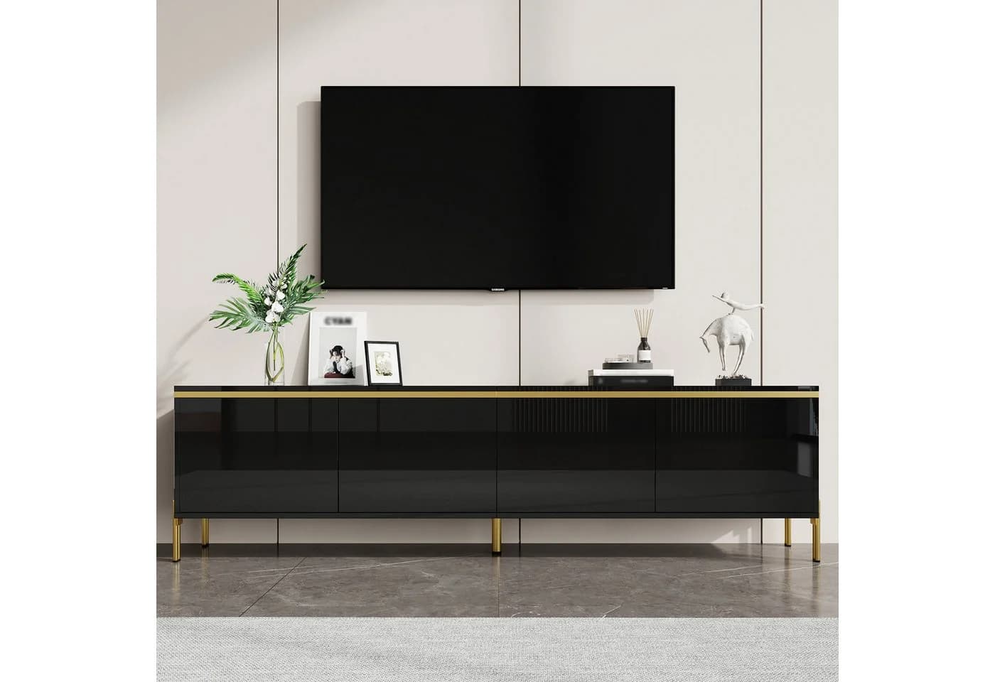 STILVORA TV-Schwarz 170cm mit Stauraum und Goldkanten