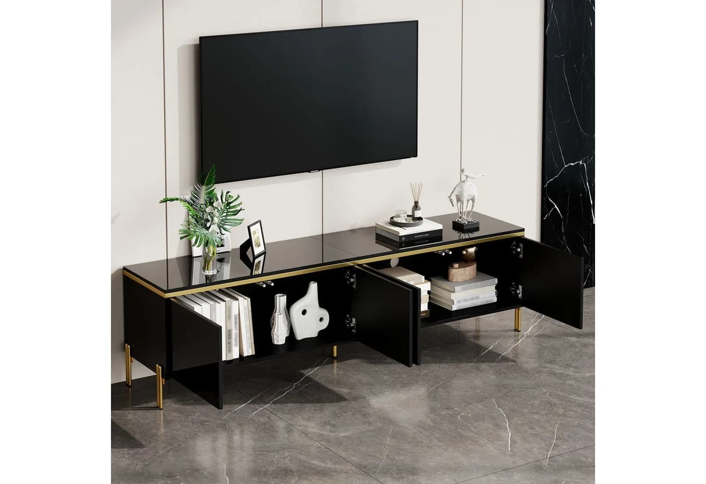 STILVORA TV-Schwarz 170cm mit Stauraum und Goldkanten - Bild 2