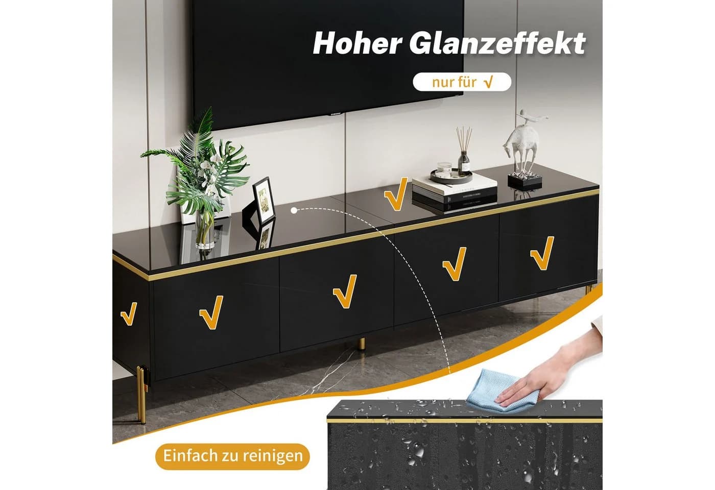 STILVORA TV-Schwarz 170cm mit Stauraum und Goldkanten - Bild 5