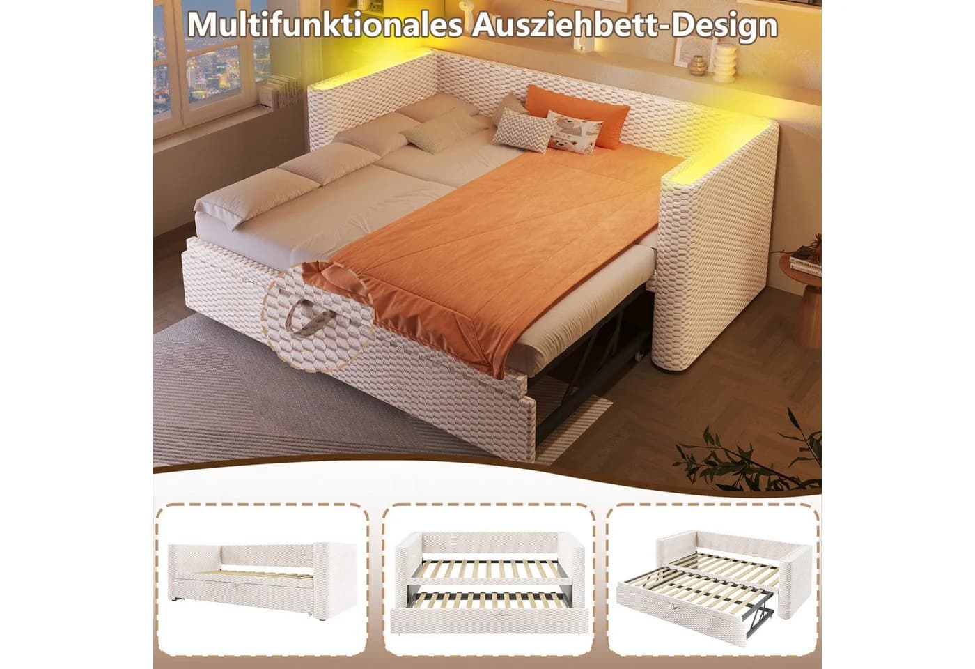 STILVORA Schlafsofa mit Ausziehbett und LED-Beleuchtung Beige/Grau - Bild 5