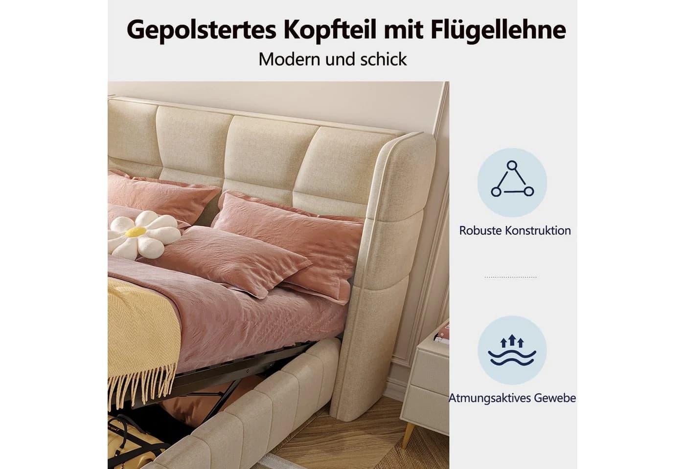 STILVORA Polsterbett 90x200 mit Bettkasten Beige Metall - Bild 4