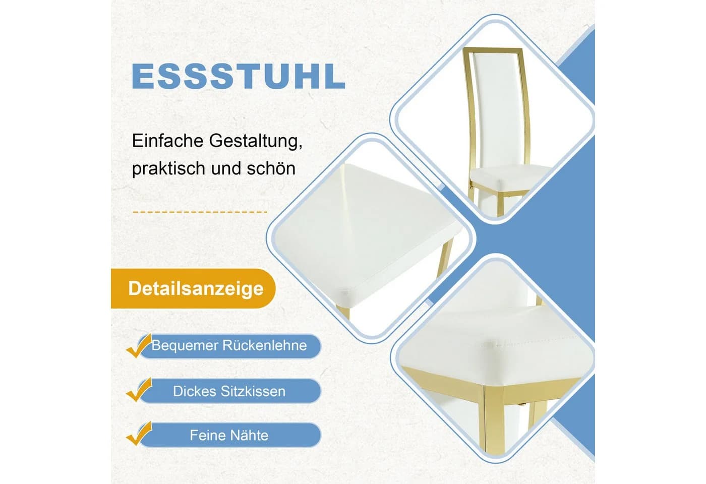 STILVORA Esszimmerstuhl 2er-Set Weiß Gold PU-Leder Metallrahmen - Bild 5