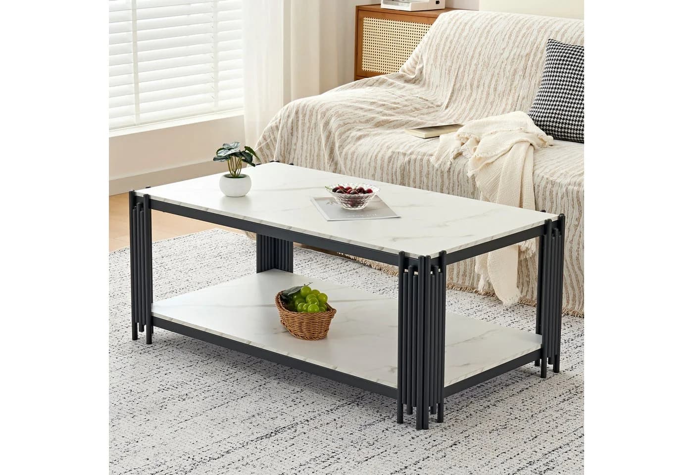 STILVORA Couchtisch Rechteckig Marmor Weiß-Schwarz Metallbeine - Bild 2