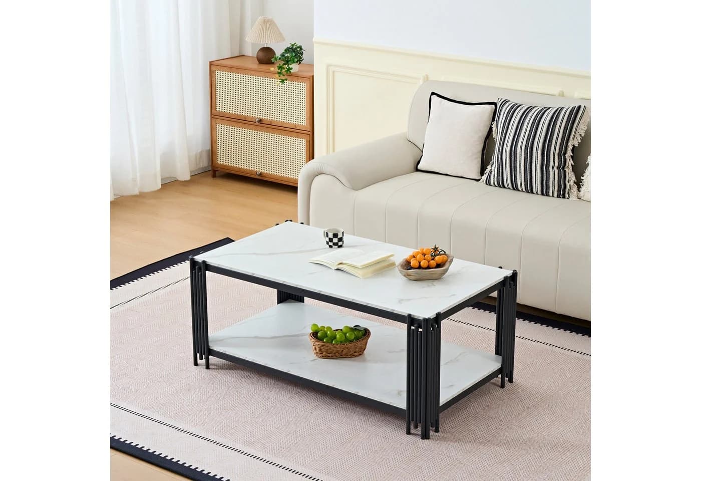 STILVORA Couchtisch Rechteckig Marmor Weiß-Schwarz Metallbeine - Bild 3