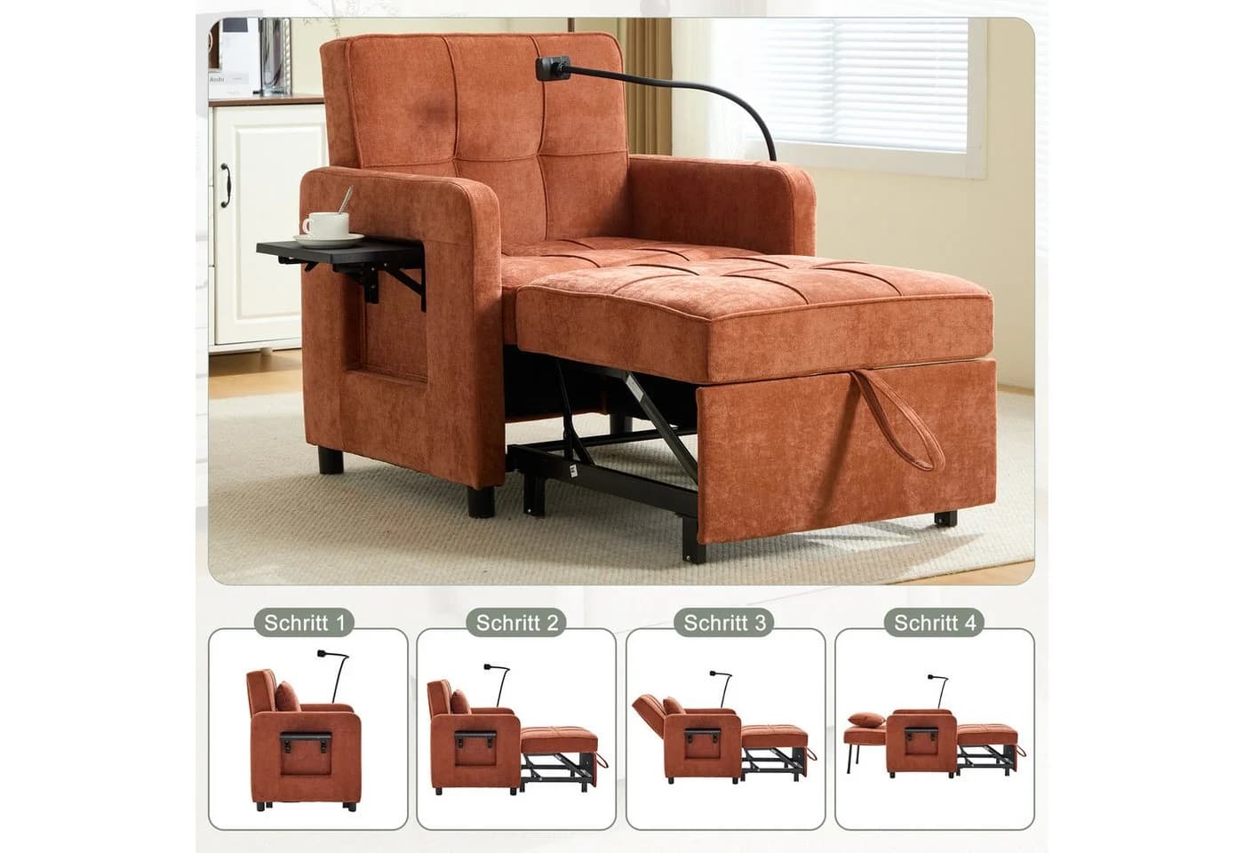 STILVORA Schlafsofa Chenille Orange 2-in-1 mit verstellbarer Rückenlehne - Bild 4