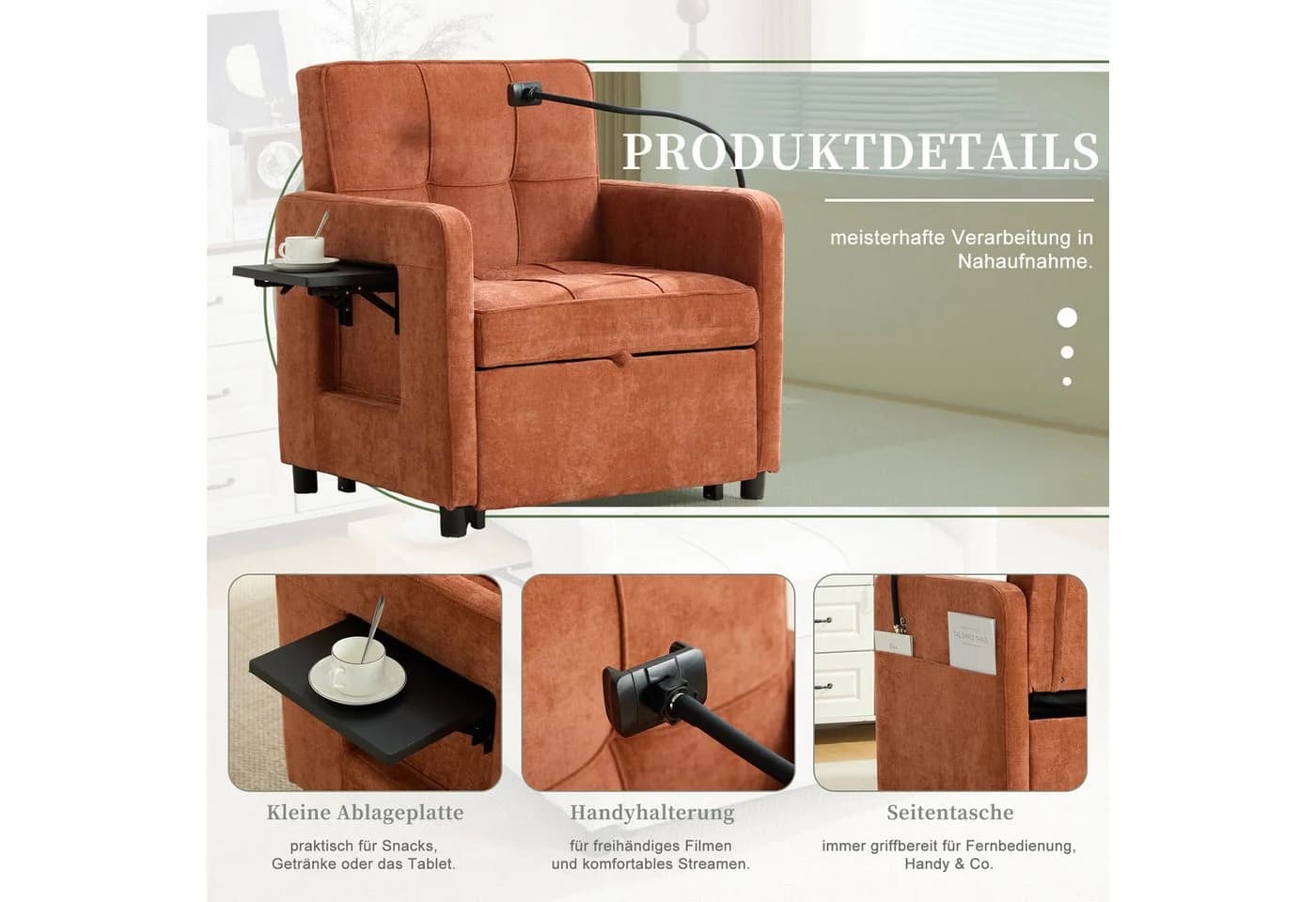 STILVORA Schlafsofa Chenille Orange 2-in-1 mit verstellbarer Rückenlehne - Bild 5