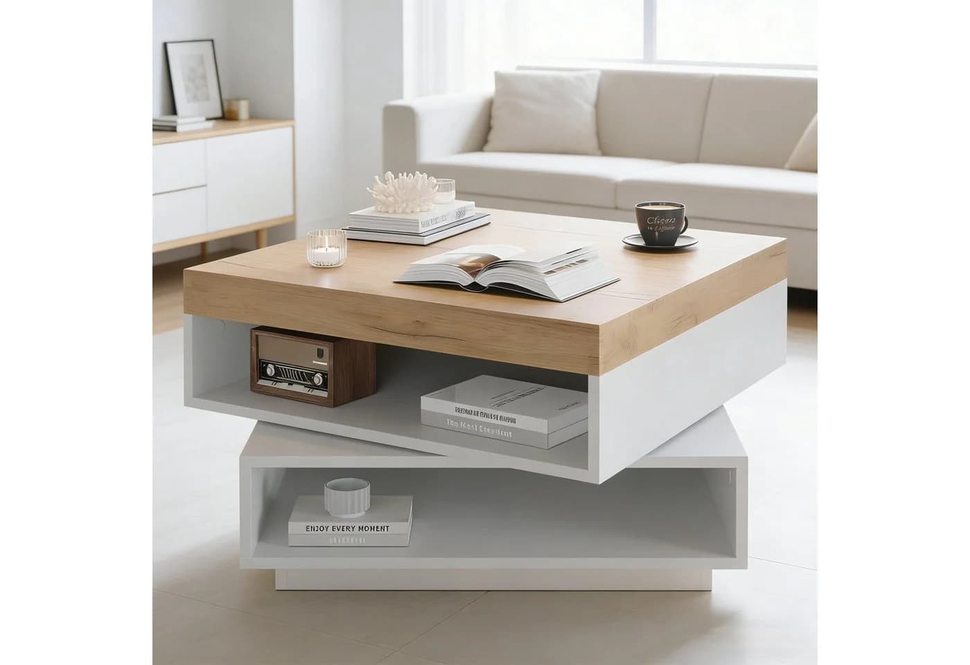 STILVORA Couchtisch 360° drehbar mit LED und USB-Anschluss Weiß/Eiche - Bild 2
